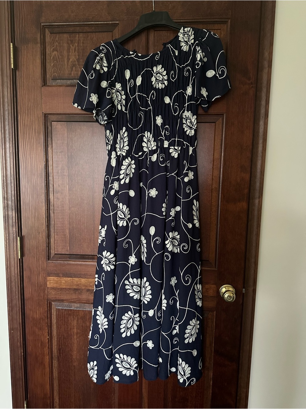 Smocked Navy Midi Dress with White Floral Print